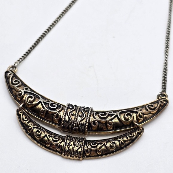 Statement Necklace Gold Tone Filigree Scrollwork Crescent Boho Witchy - Picture 1 of 7